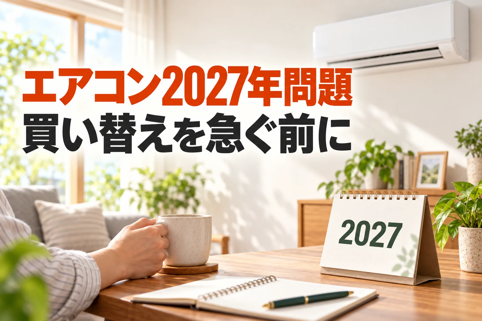 2027年のカレンダーと家庭用エアコンを囲み、制度と自分の判断を分けて考えるイラスト