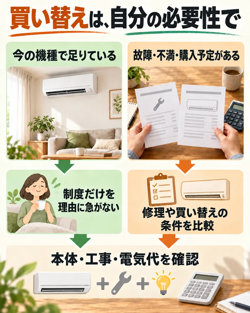 使えている、故障や不調がある、購入予定があるの3つに分けて判断する図