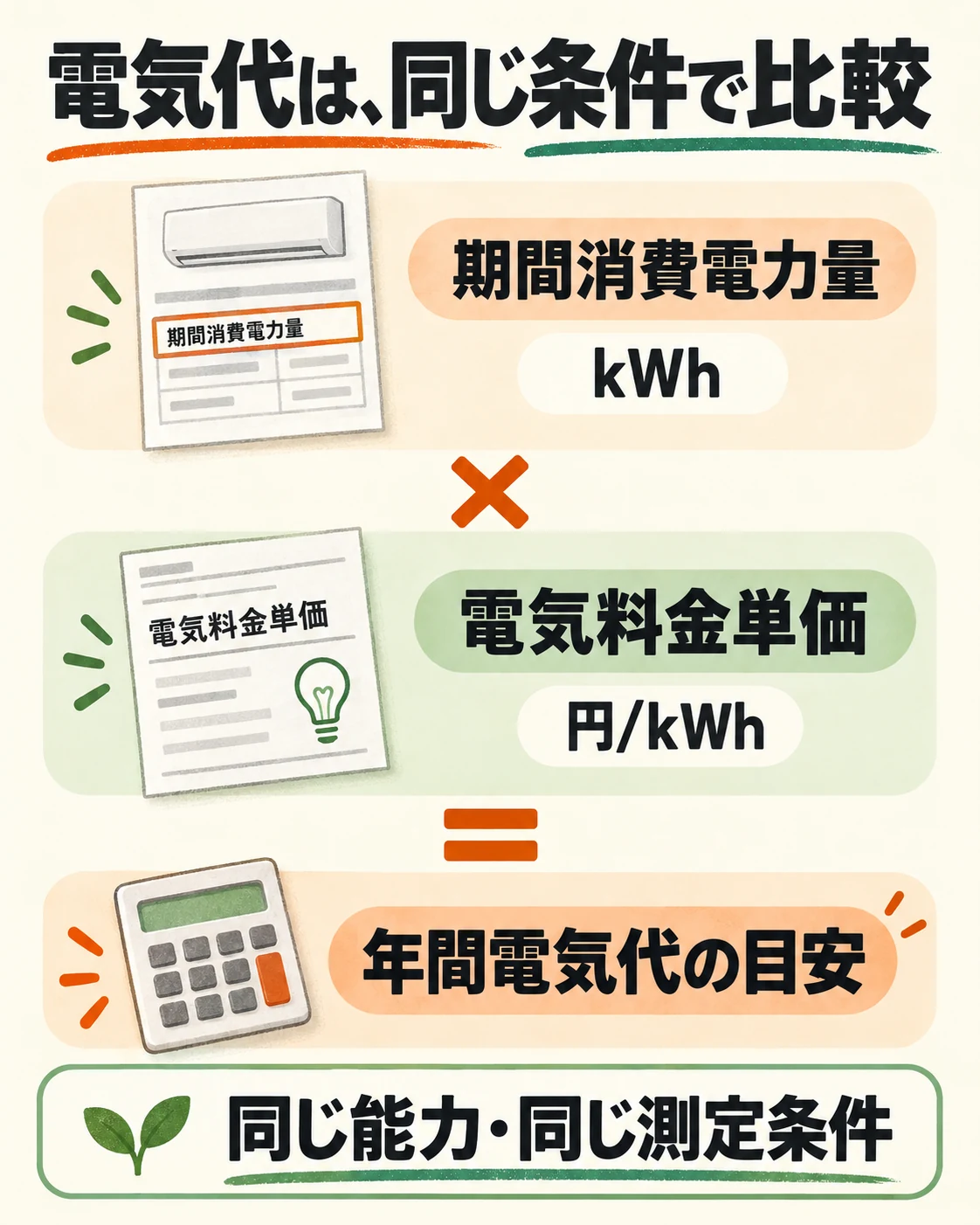 同じ能力と測定条件で、期間消費電力量に電気料金単価を掛けて年間電気代の目安を比較する