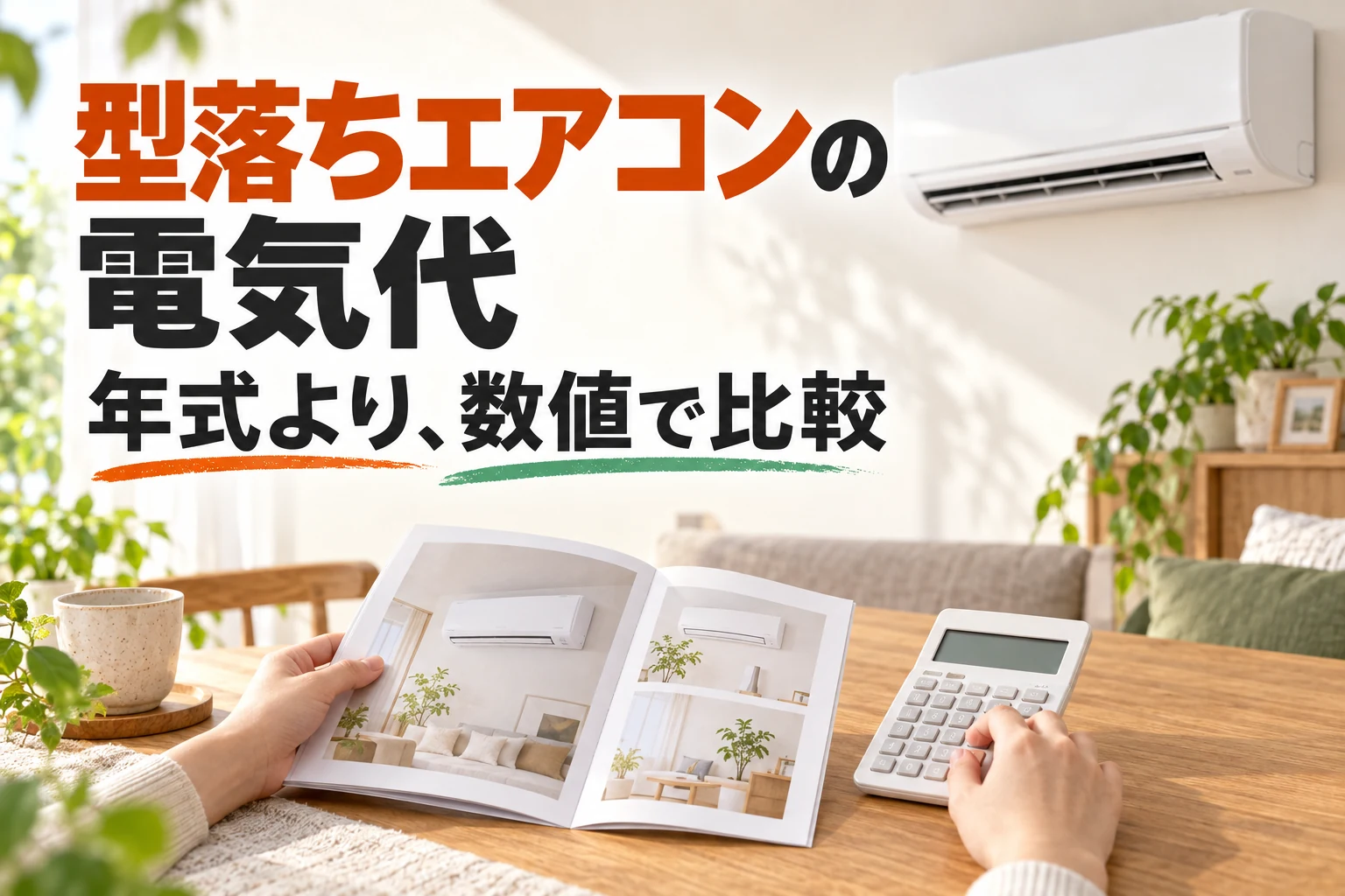 カタログの消費電力量で型落ちエアコンの電気代を比較するイメージ