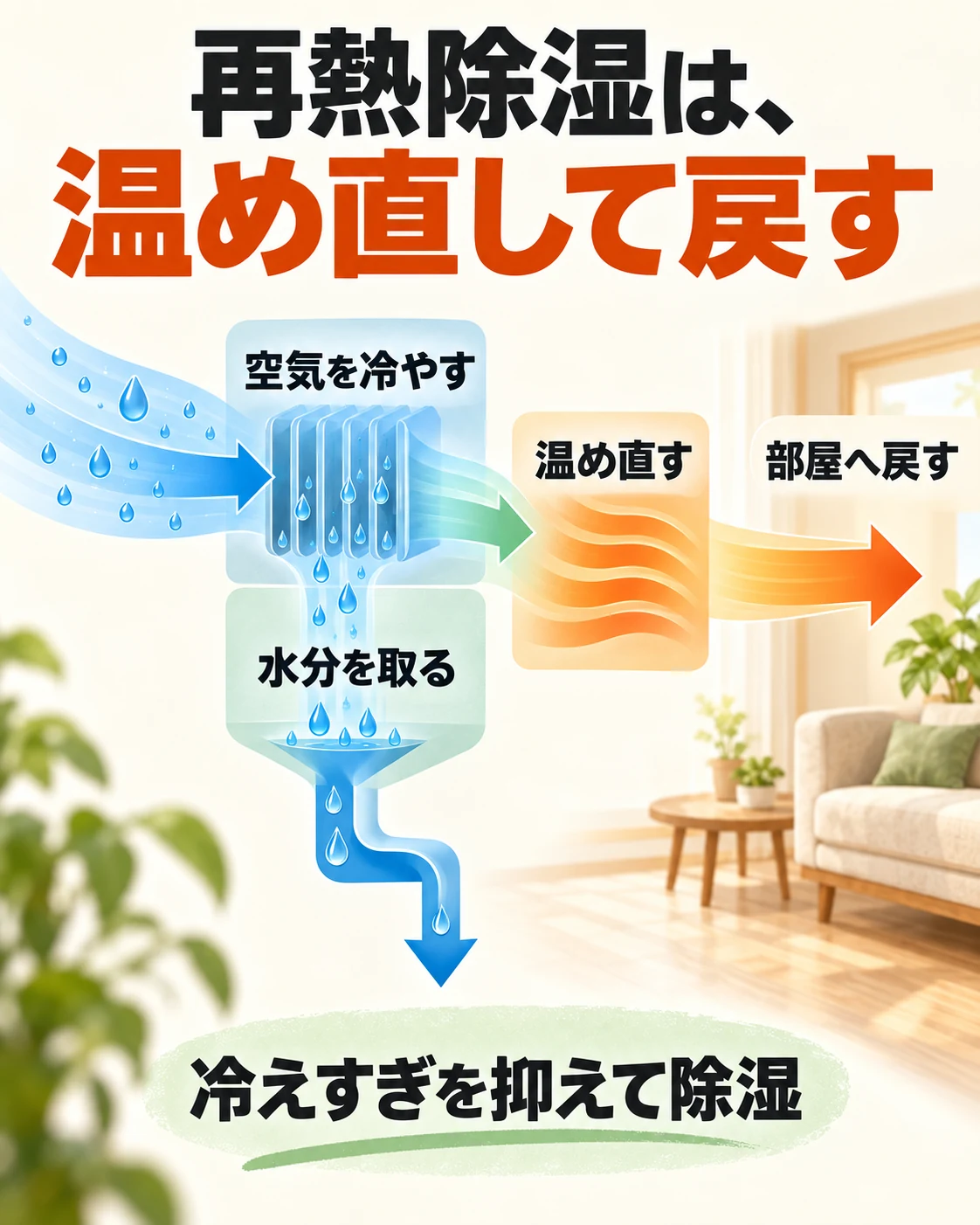 再熱除湿は冷やした空気から水分を取り、温め直して部屋へ戻す仕組み