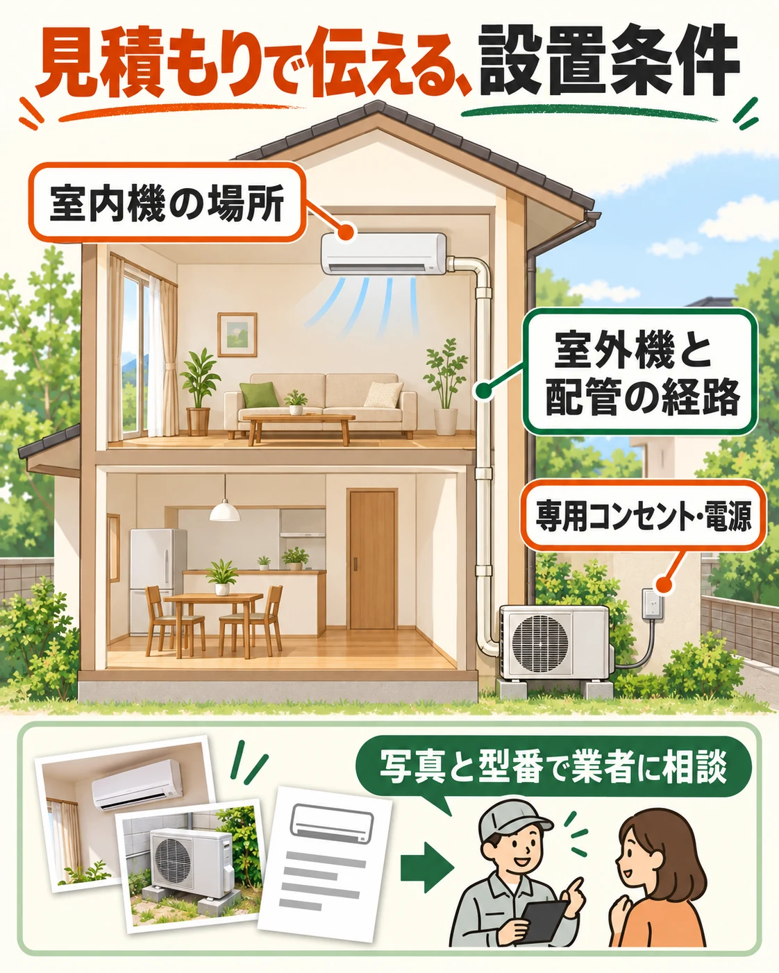 室内機、室外機と配管、専用電源の設置条件を写真と型番で業者に伝える