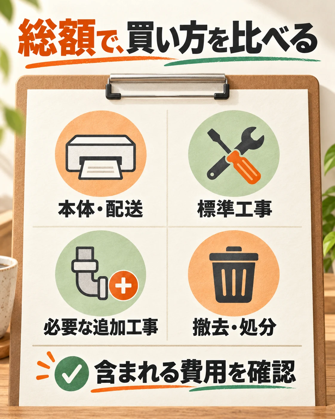 本体配送、標準工事、必要な追加工事、撤去処分を確認して総額を比較する