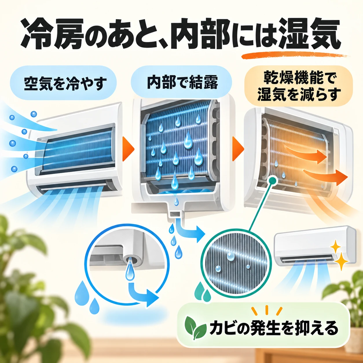 冷房で内部に結露が生じ、乾燥機能で湿気を減らしてカビの発生を抑える