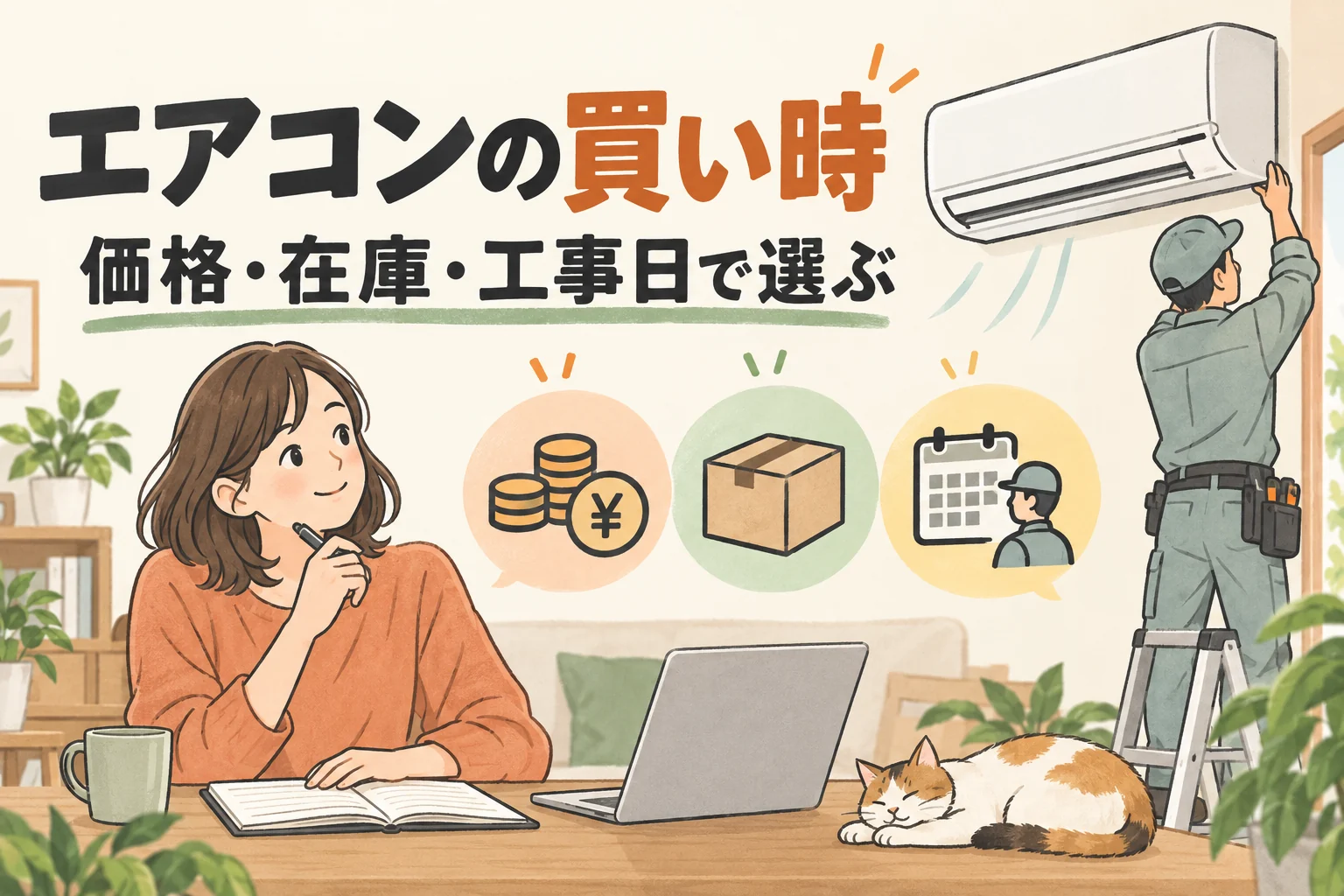 エアコン本体の価格、在庫、工事日を確認しながら購入を計画するイラスト