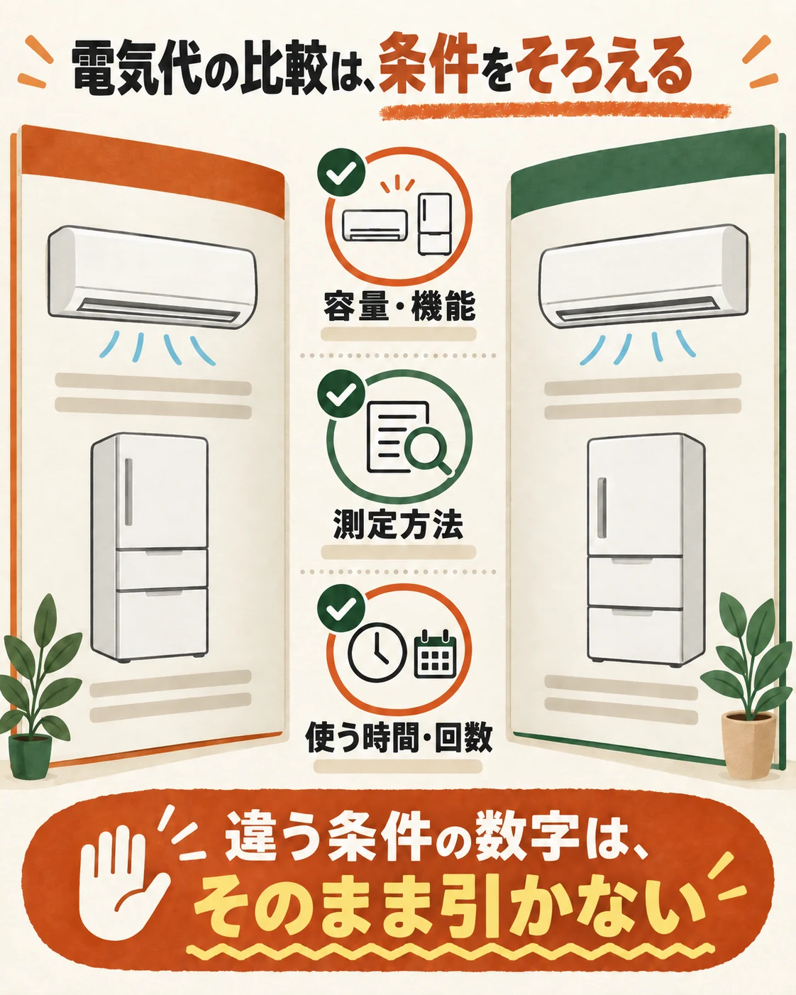 容量と機能、消費電力量の測定方法、使用時間や回数をそろえて電気代を比較する