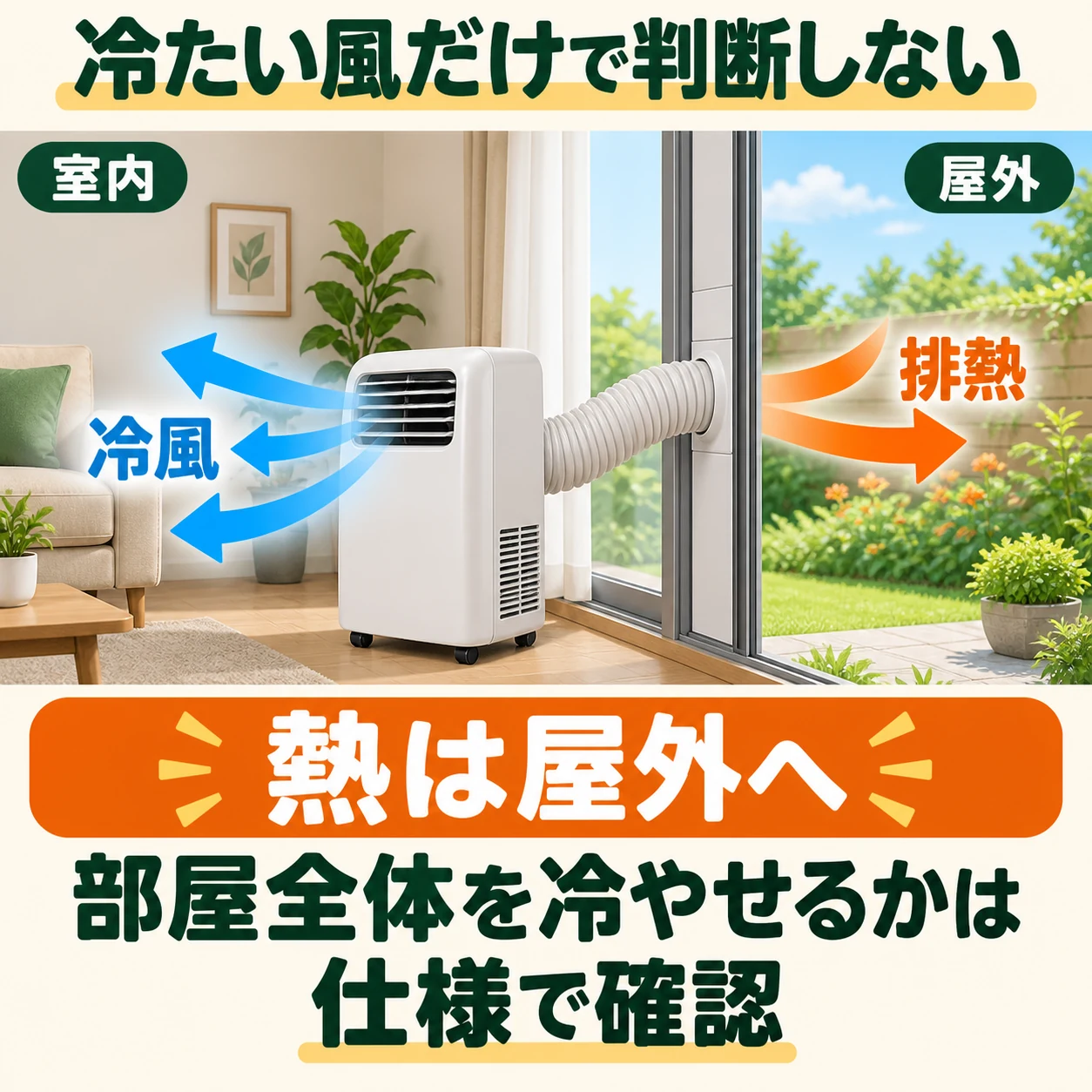 床置き冷房機の冷風は室内へ、排熱はダクトで屋外へ向ける概念図。
