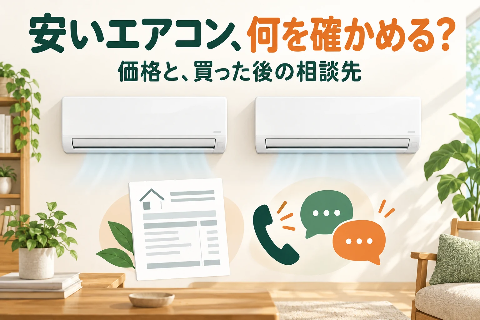 価格と購入後のサポートを合わせてエアコンを比較するイメージ。