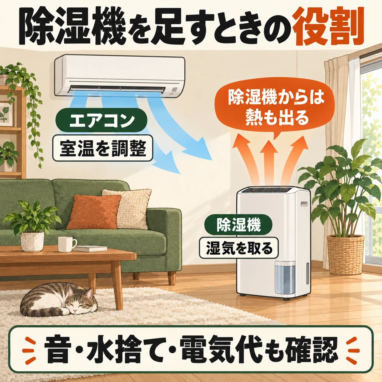 エアコンで室温を調整し、除湿機で湿気を取る一方、除湿機の発熱や音、水捨ても考慮する。