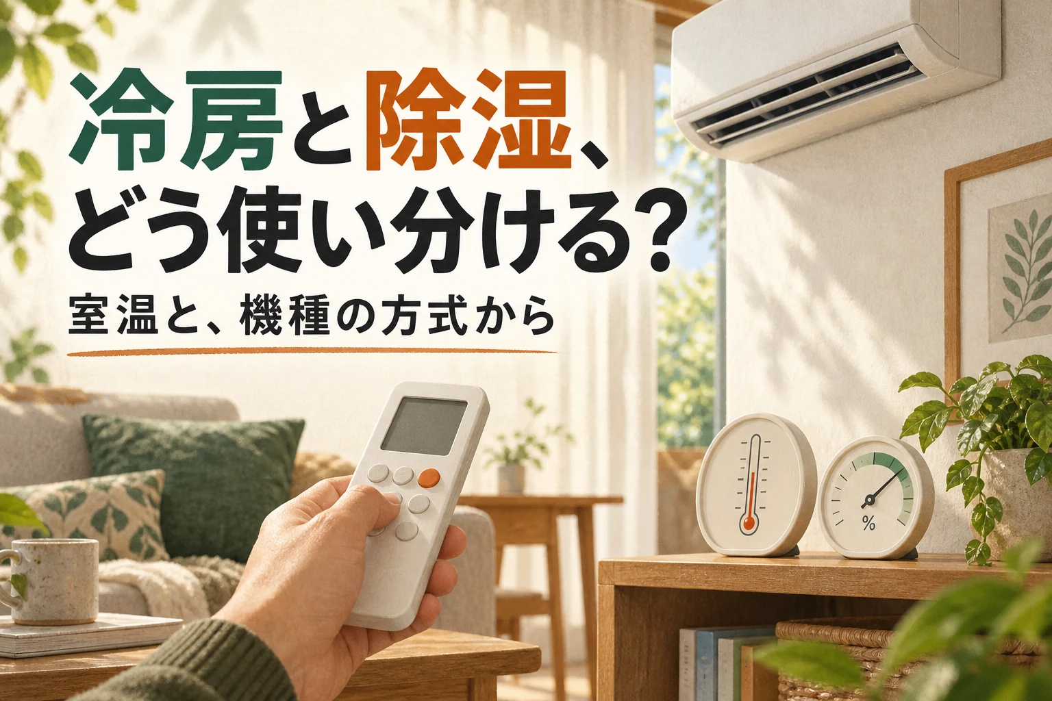室温と湿度を見て冷房と除湿の使い分けを考えるイメージ。