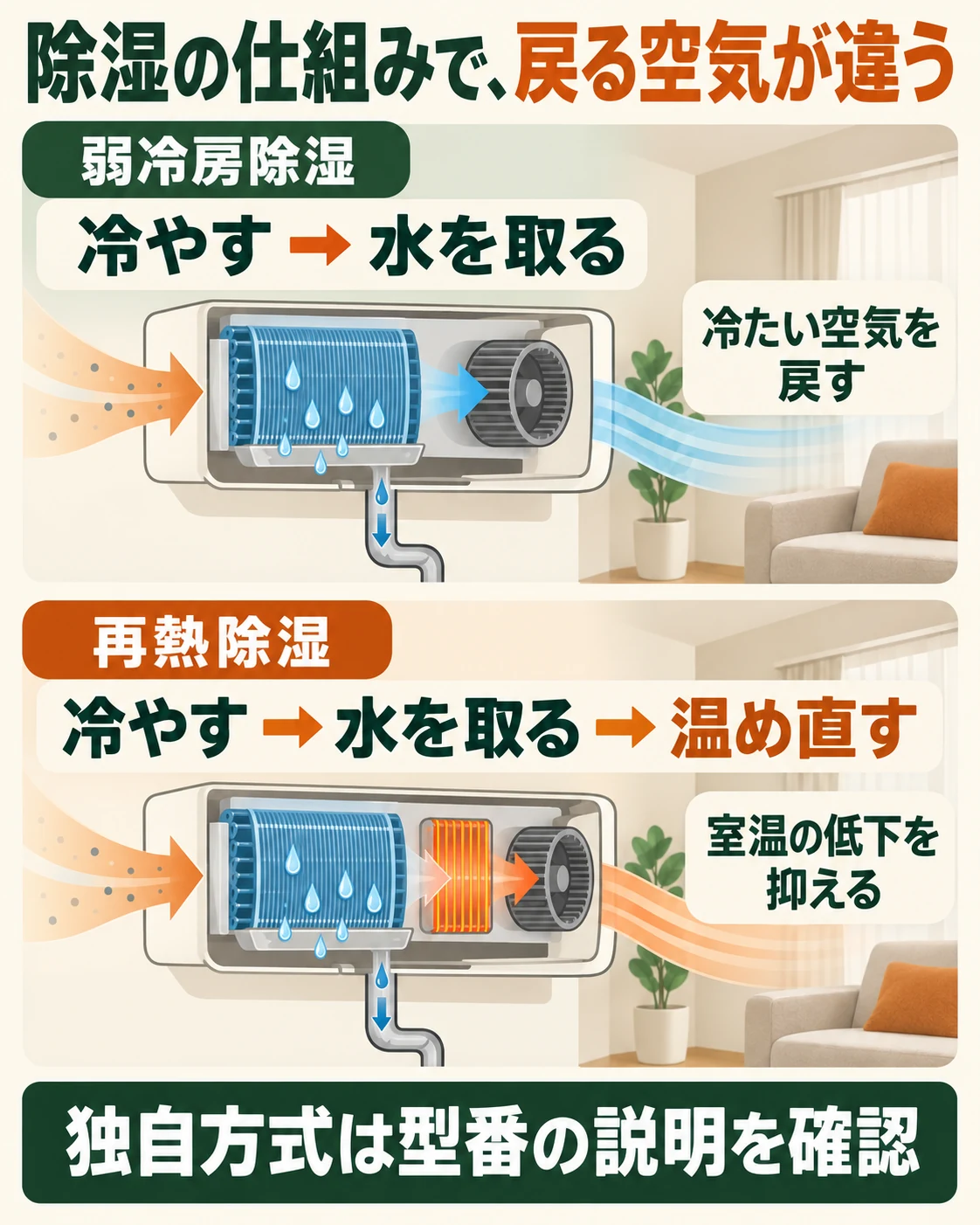 弱冷房除湿は冷却後の空気を戻し、再熱除湿は水分を取った後に温め直して戻す。