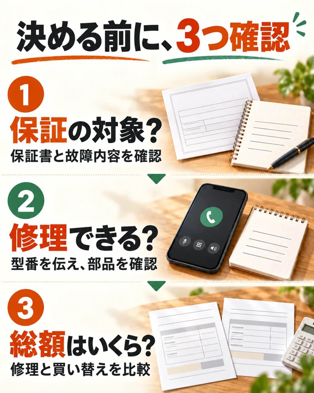 保証対象、部品の有無、修理と買い替えの総額を順に確認する。