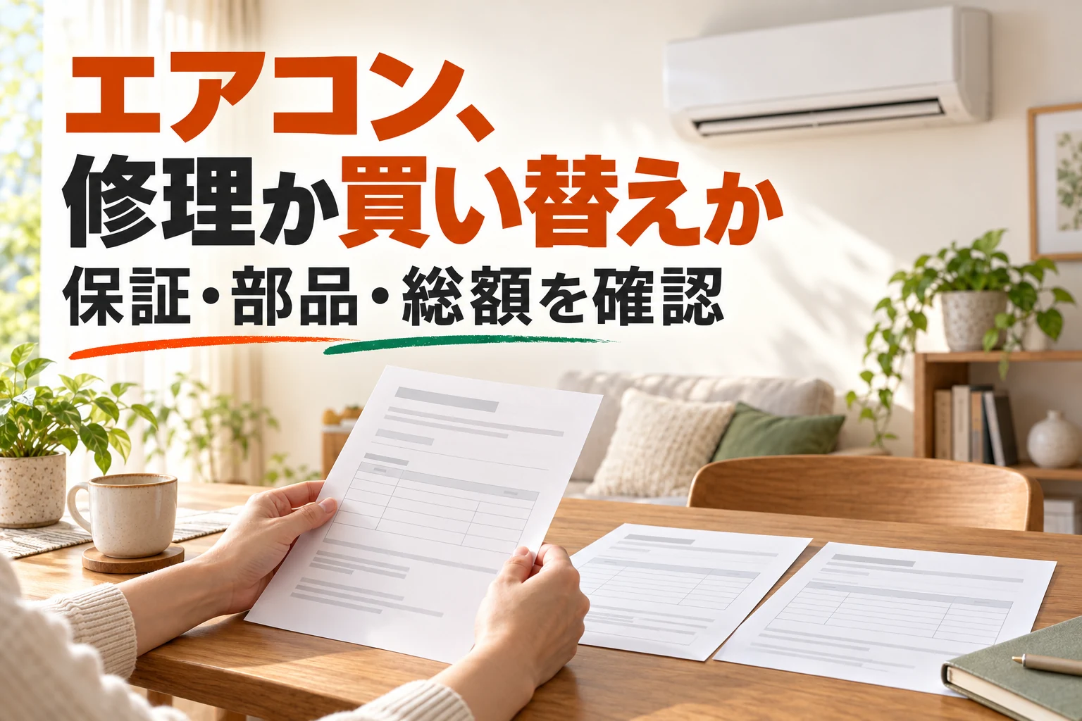 保証書と見積もりを確認してエアコンの修理と買い替えを考えるイメージ。
