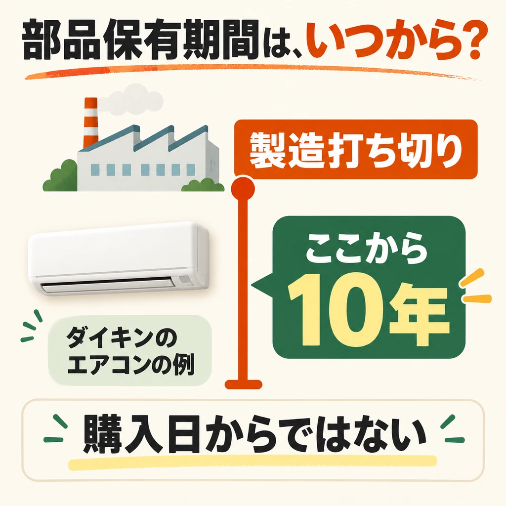 ダイキンの例ではエアコンの補修部品保有期間は購入日でなく製造打ち切りから10年。