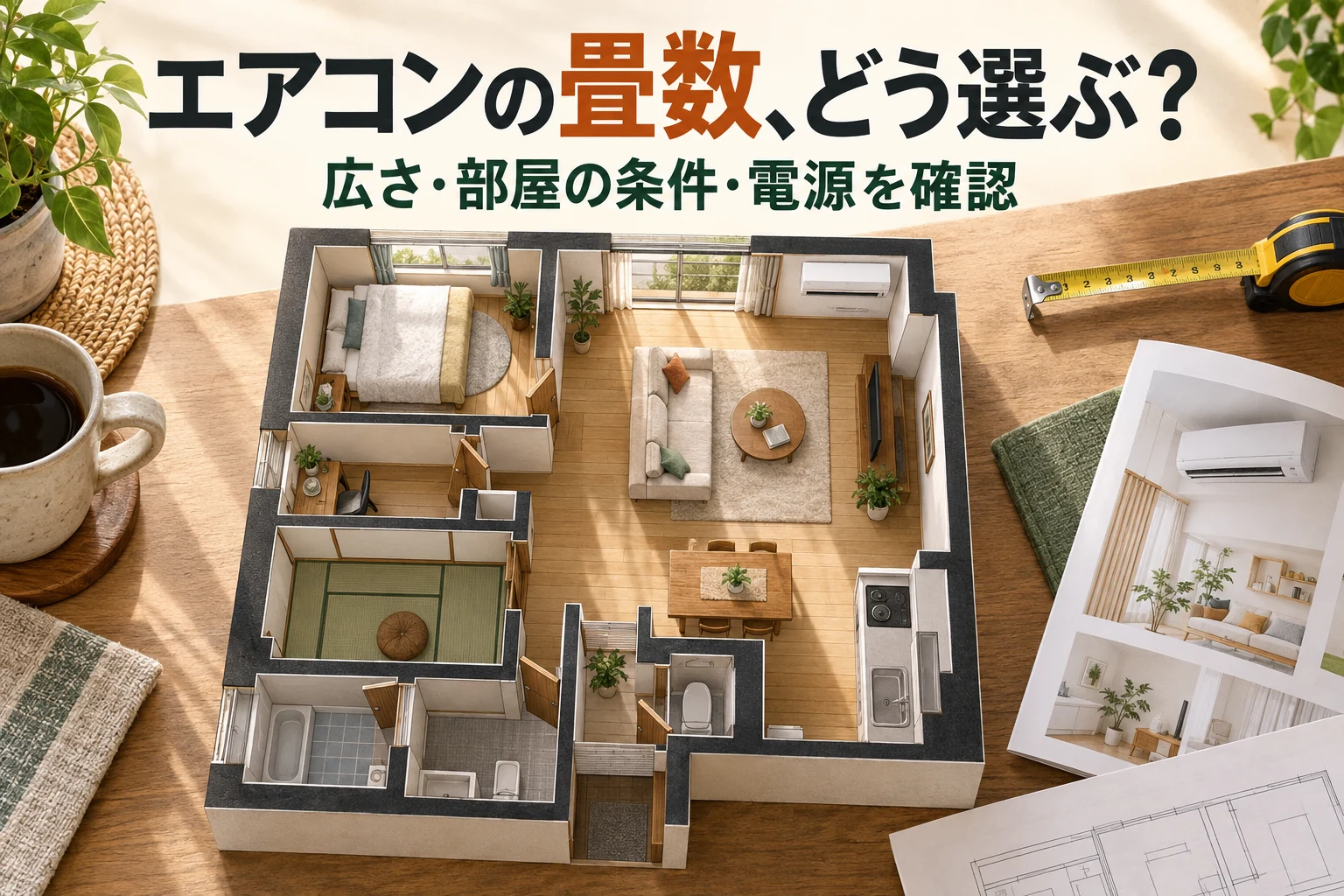 部屋の広さと窓、電源仕様を確認してエアコンの能力を選ぶイメージ。
