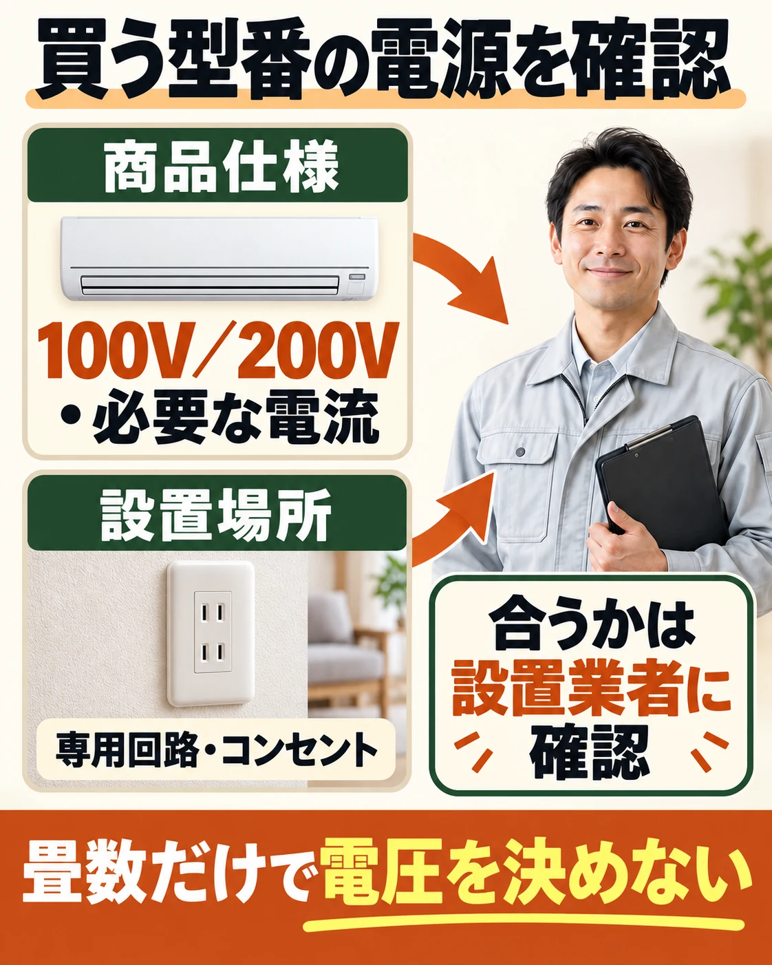 型番の電圧と必要電流を、設置場所の専用回路やコンセント条件と業者に照合してもらう。