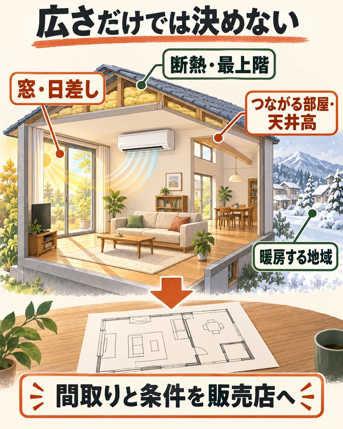 窓と日射、断熱と最上階、つながる部屋や天井高、暖房する地域を伝えて必要能力を相談する。