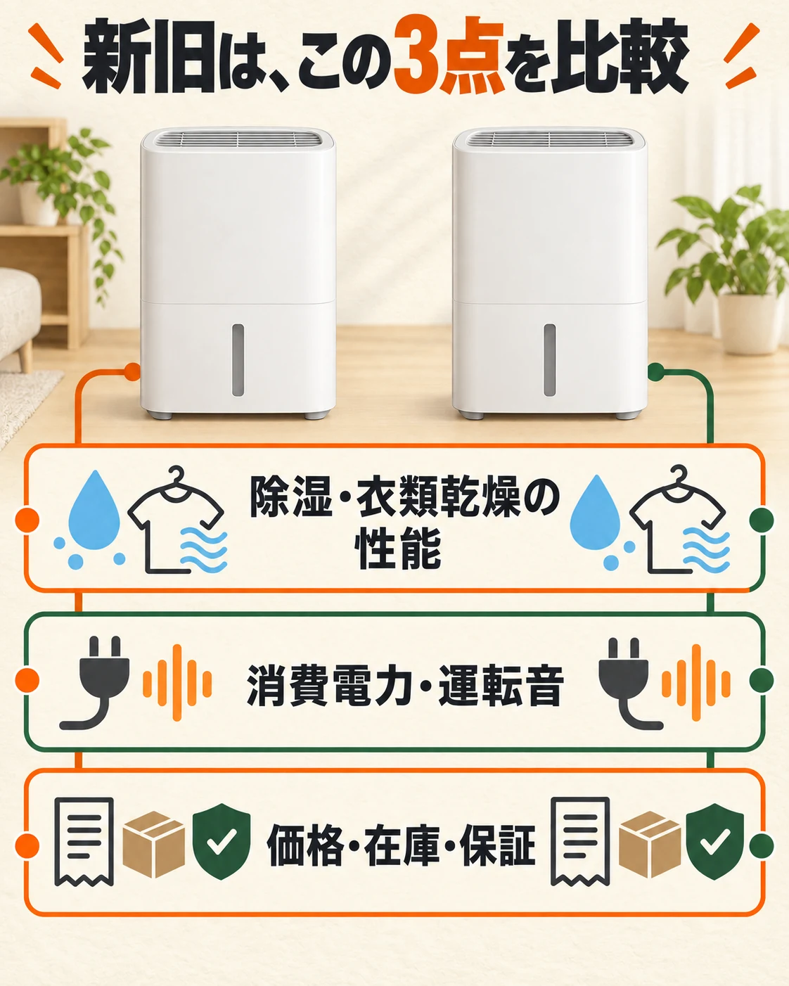型落ちと最新で除湿乾燥性能、消費電力と運転音、価格在庫保証を比較する。