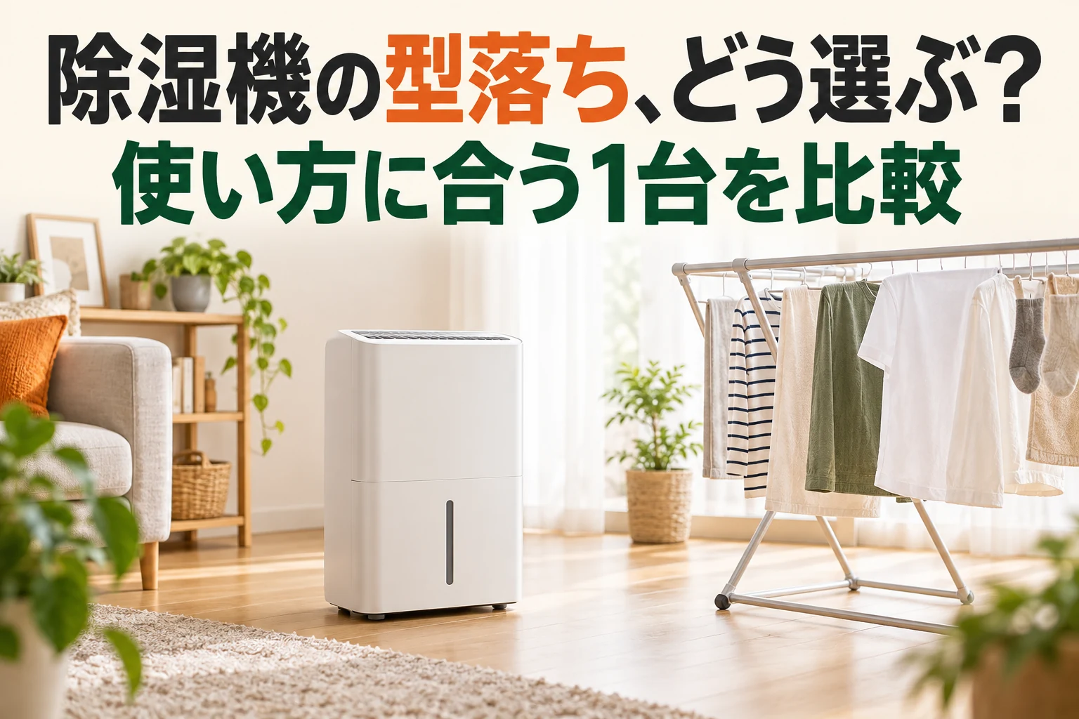 部屋干しや湿気対策の使い方から除湿機を選ぶイメージ。