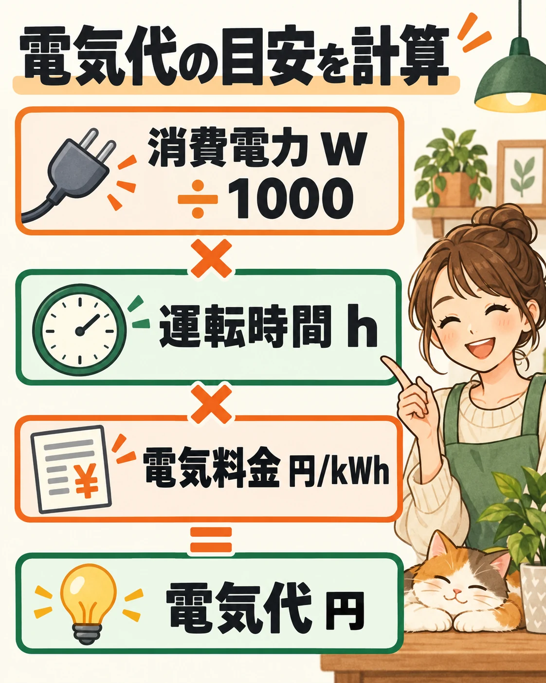 Wを1000で割り、運転時間と料金単価を掛けて電気代を概算する。