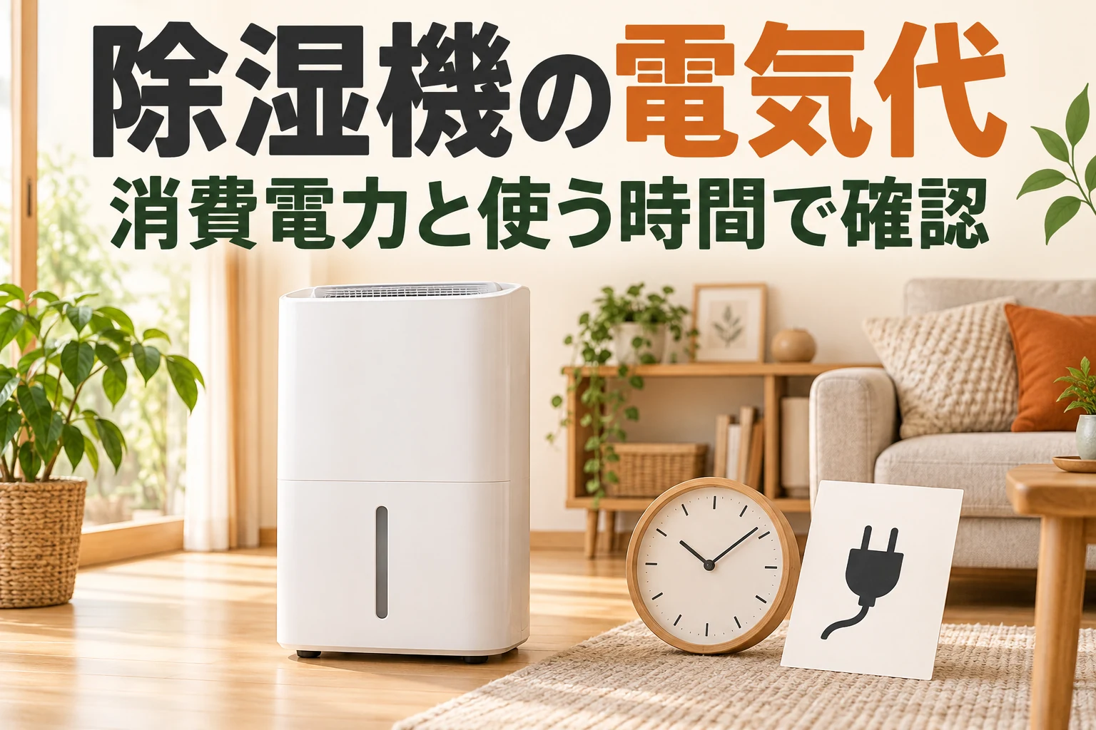 除湿機の消費電力と運転時間から電気代を考えるイメージ。