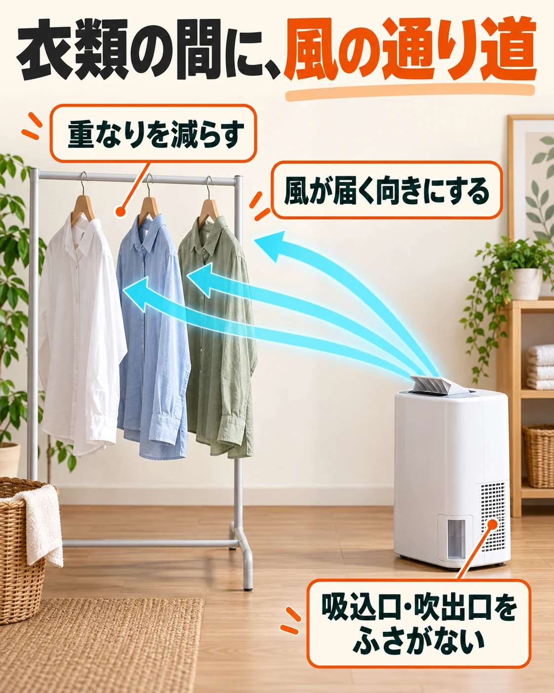 衣類の重なりを減らし、吸込口や吹出口を塞がずに風を届かせる。
