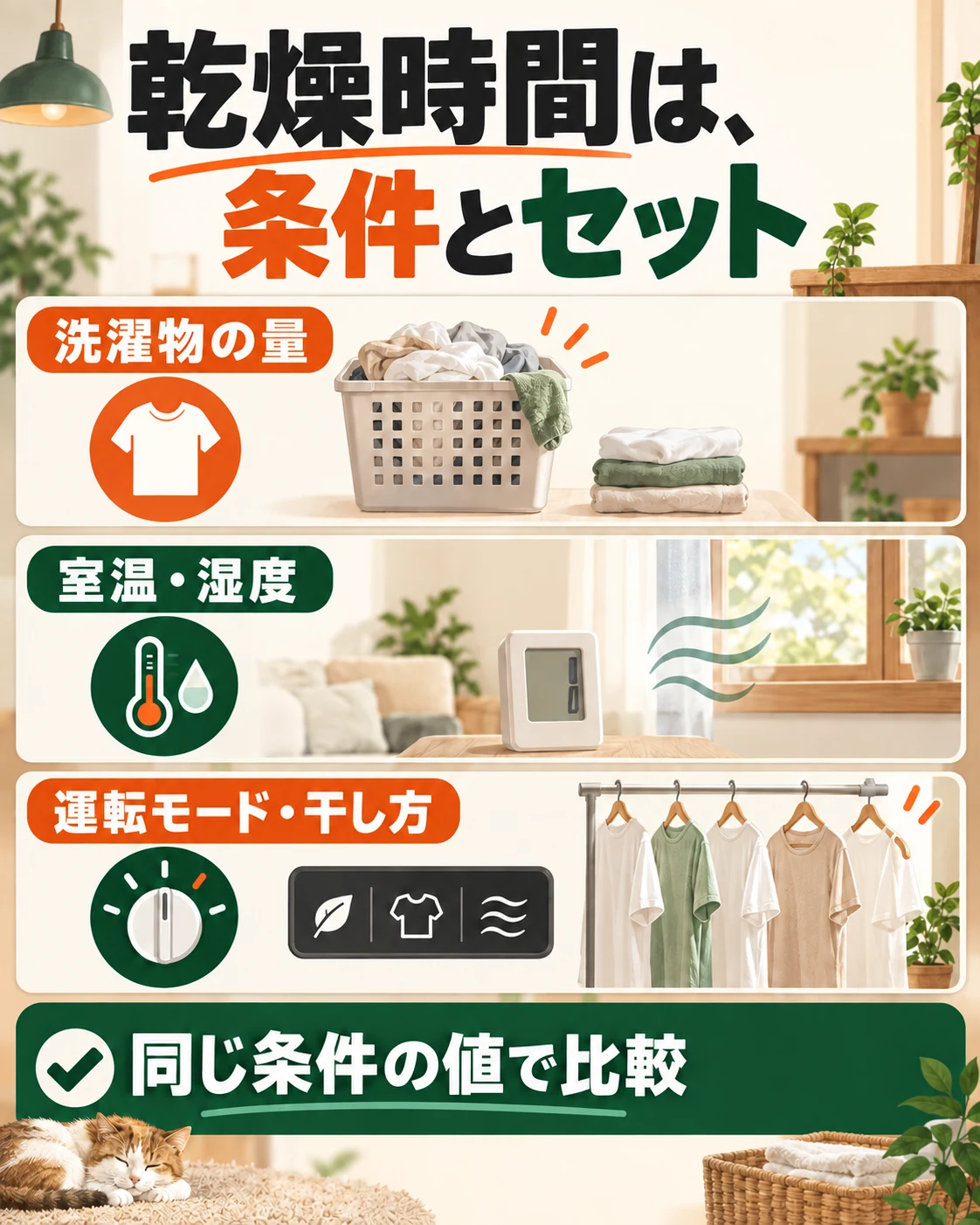 乾燥時間は洗濯量、温湿度、運転モード、干し方をそろえて比べる。