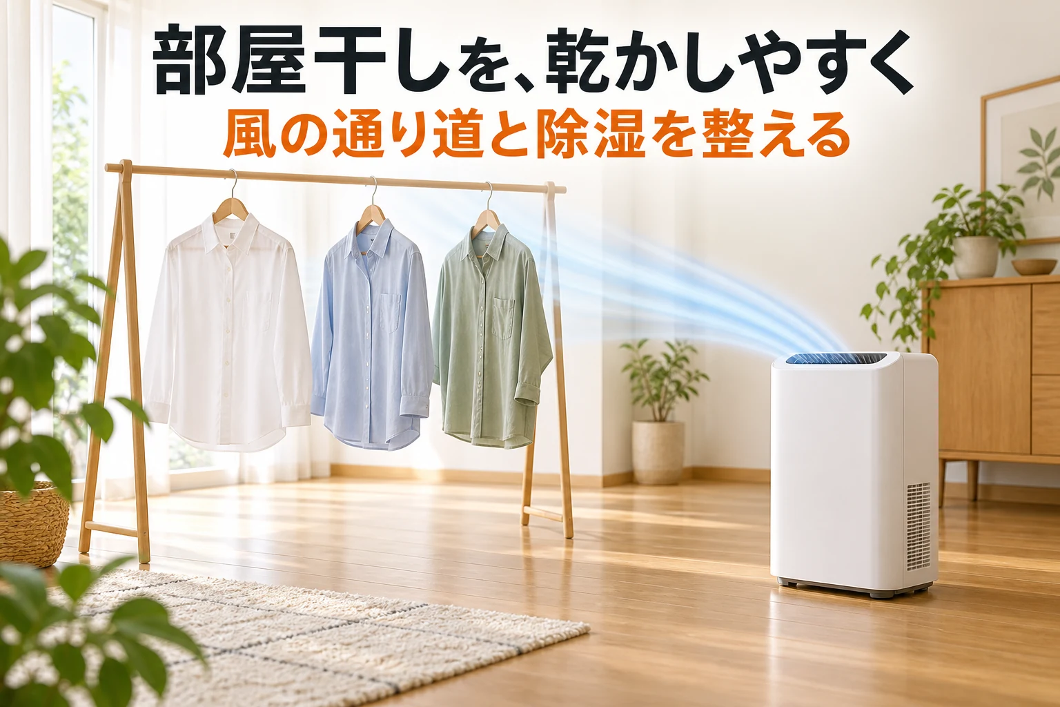 風の通り道を作って除湿機で部屋干しを乾かすイメージ。