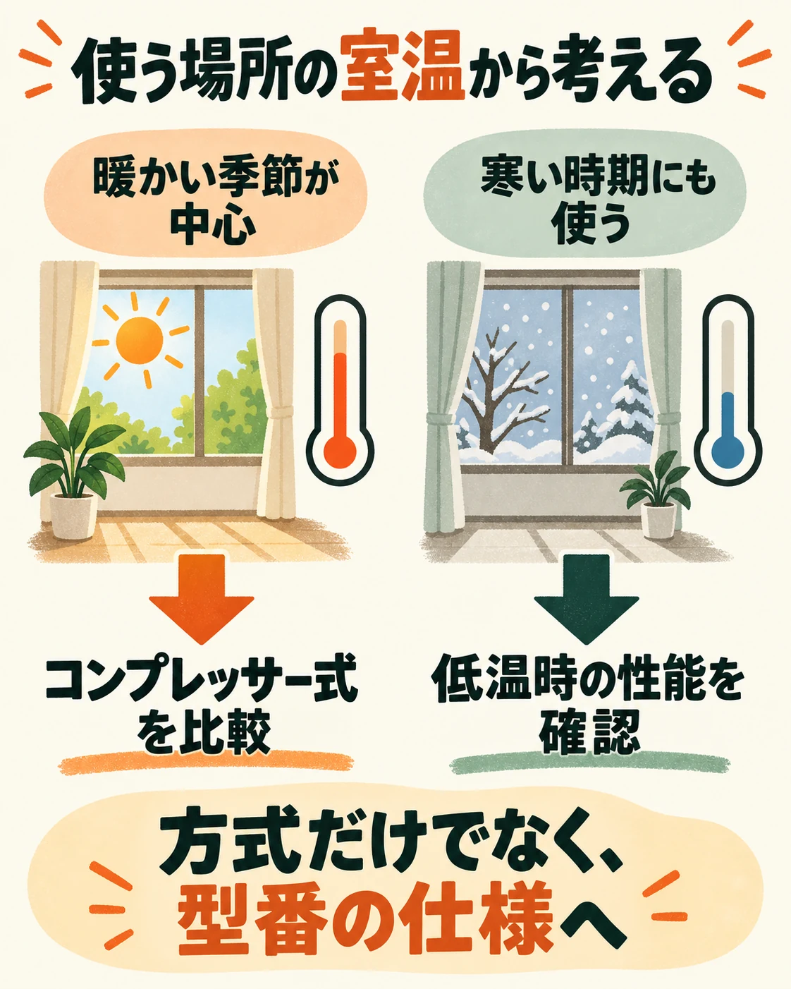 暖かい季節はコンプレッサー式を比較し、寒い時期も使う場合は機種の低温時性能を確認する。