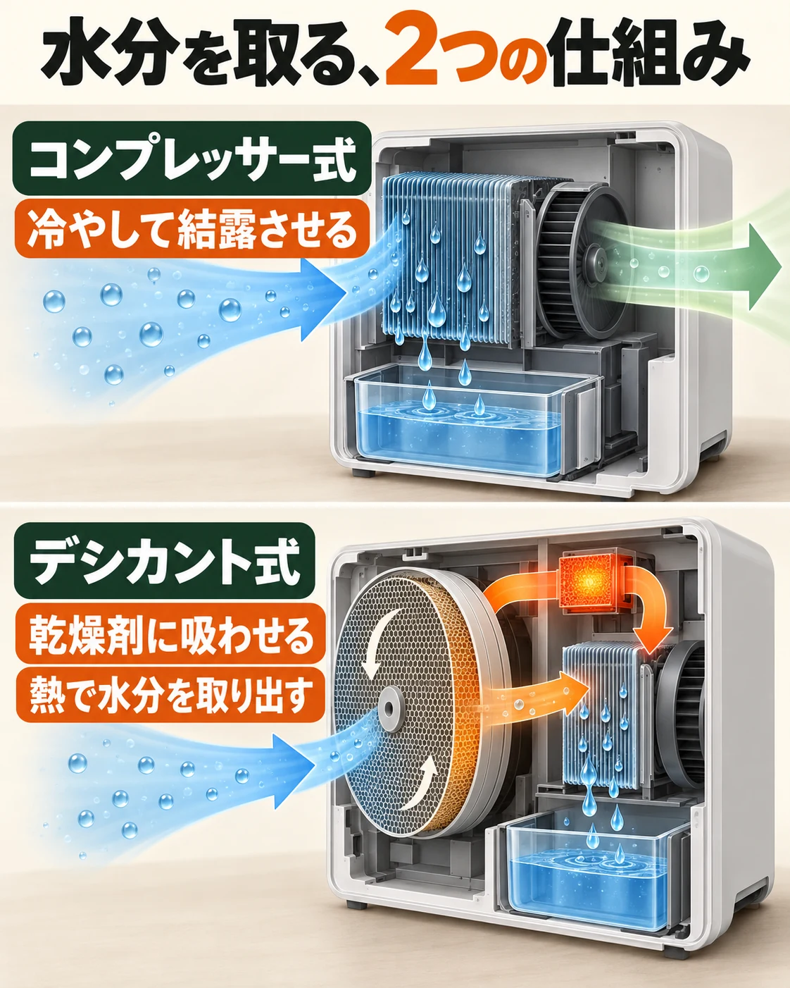 コンプレッサー式は冷却による結露、デシカント式は乾燥剤への吸着と再生で水分を回収する。