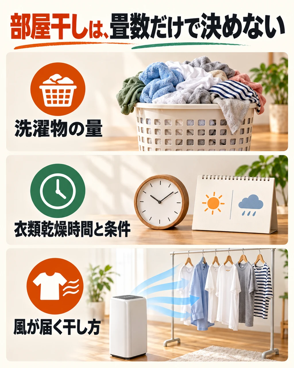 部屋干し用途では洗濯物の量、乾燥時間の条件、風の届き方も確認する。