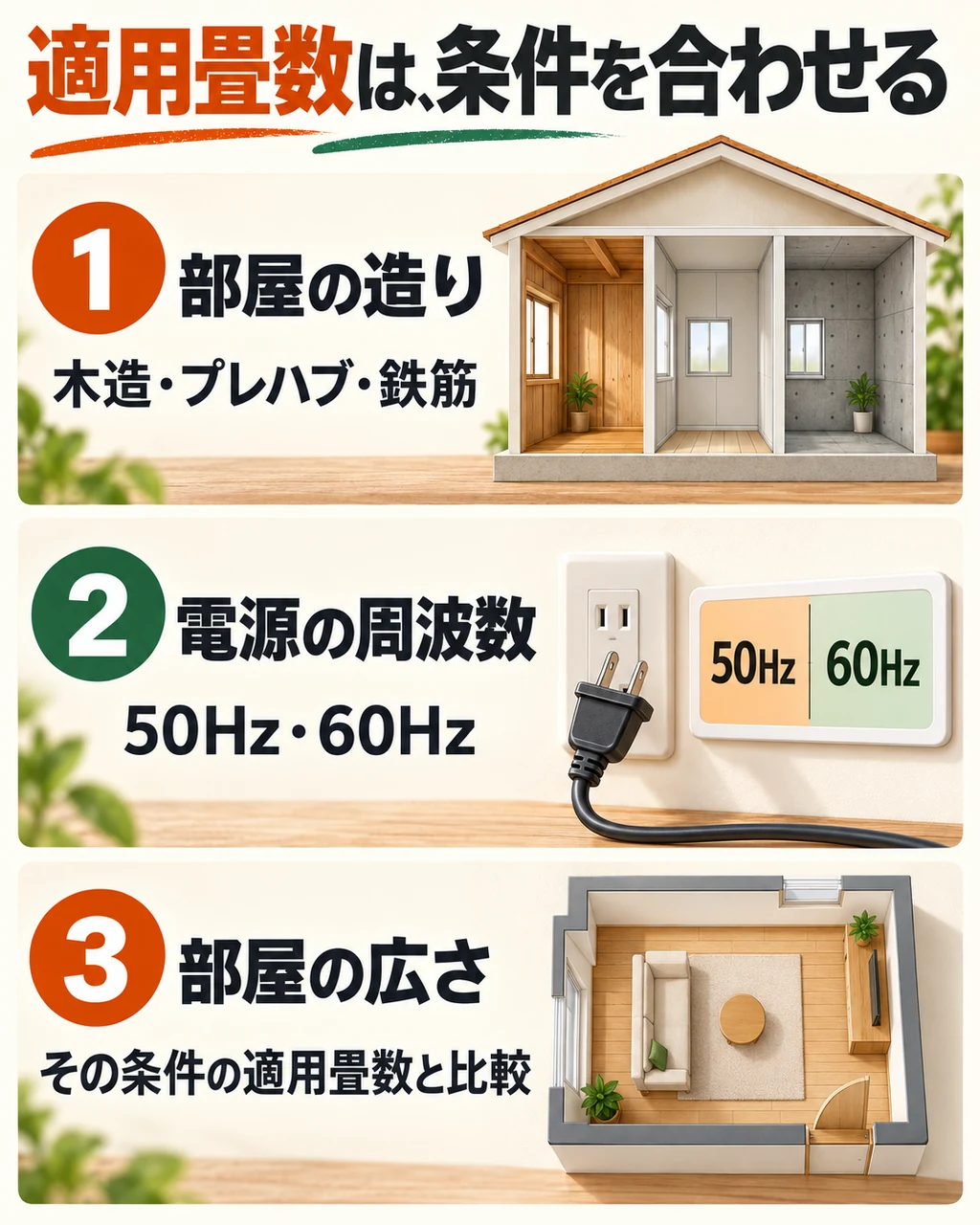 部屋の構造、電源周波数、部屋の広さをそろえて適用畳数を読む手順。
