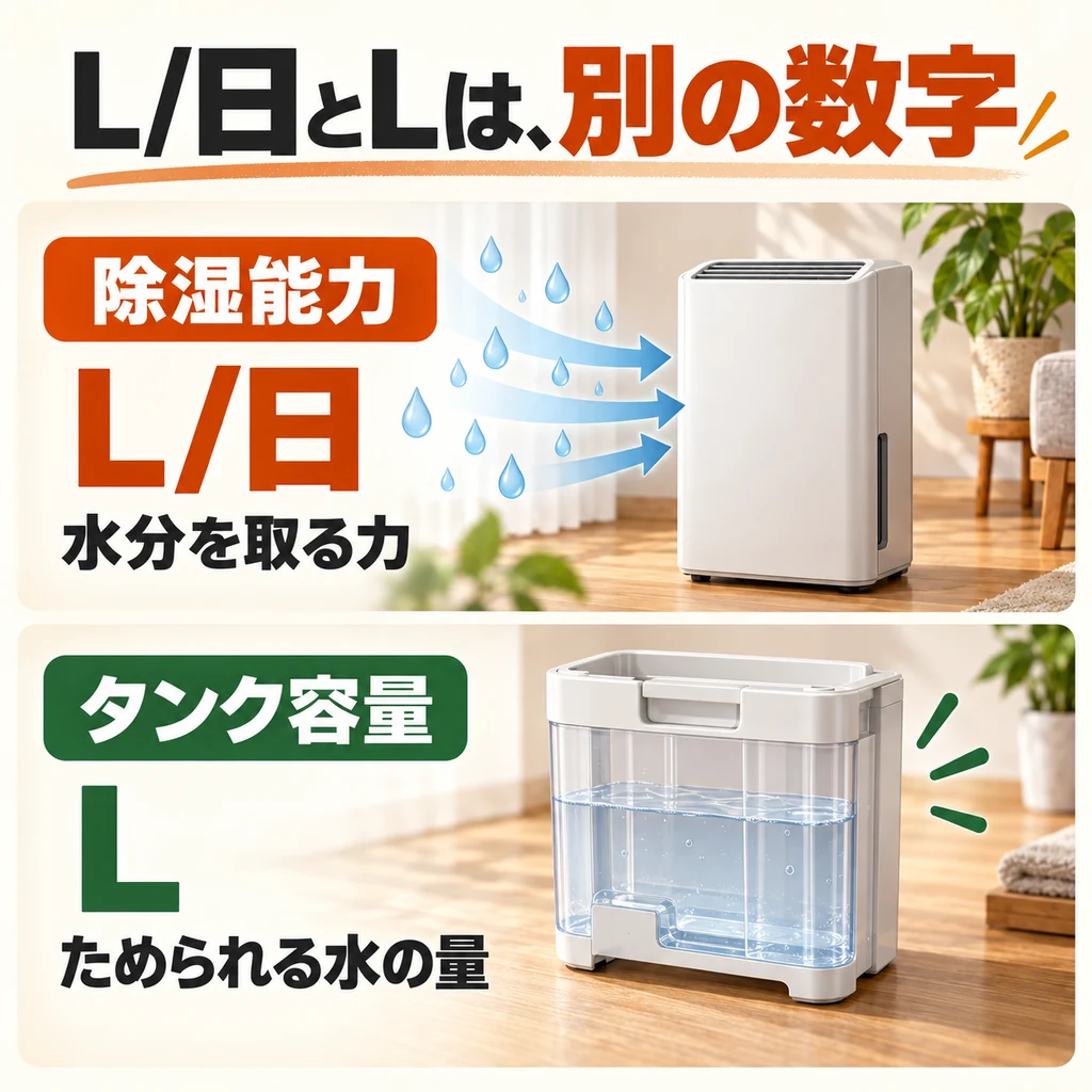 除湿能力はL/日、タンク容量はLで表示され、意味が異なる。