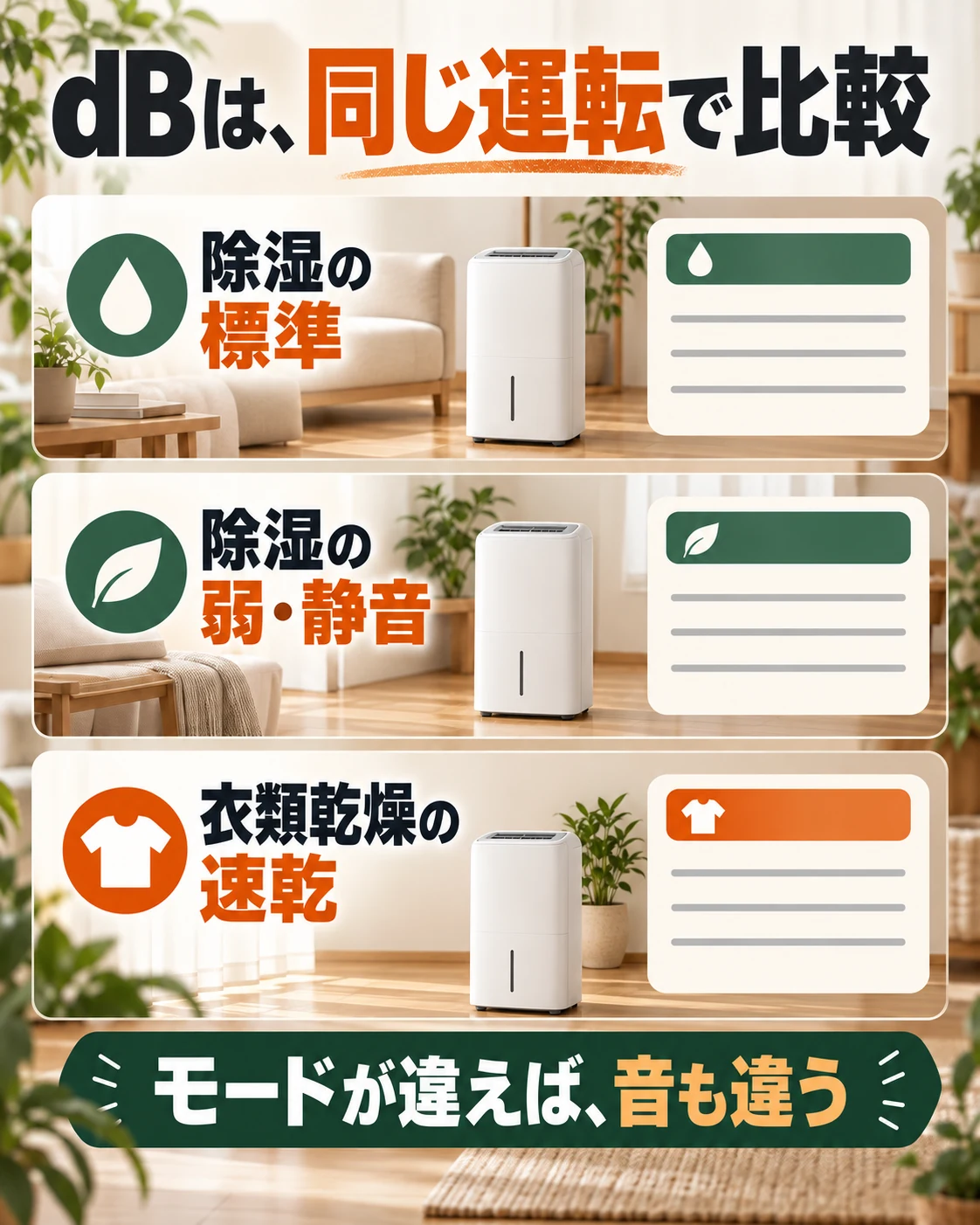 除湿標準、弱静音、衣類速乾を区別して運転音を比較する。