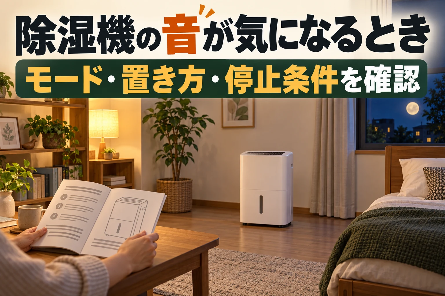 夜に除湿機のモードや設置条件を確認するイメージ。