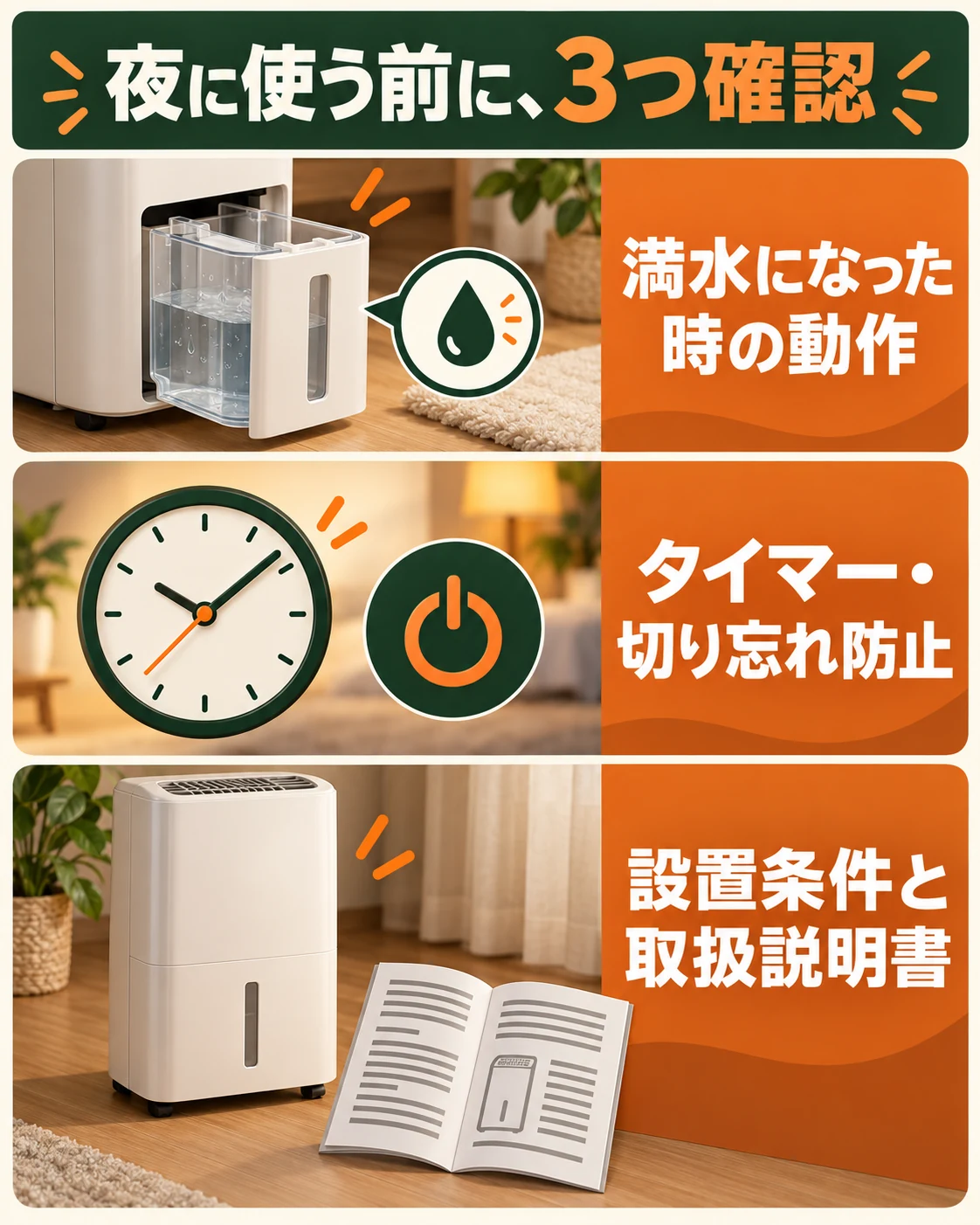 夜間は満水時の動作、タイマーと切り忘れ防止、設置と使用条件を確認する。