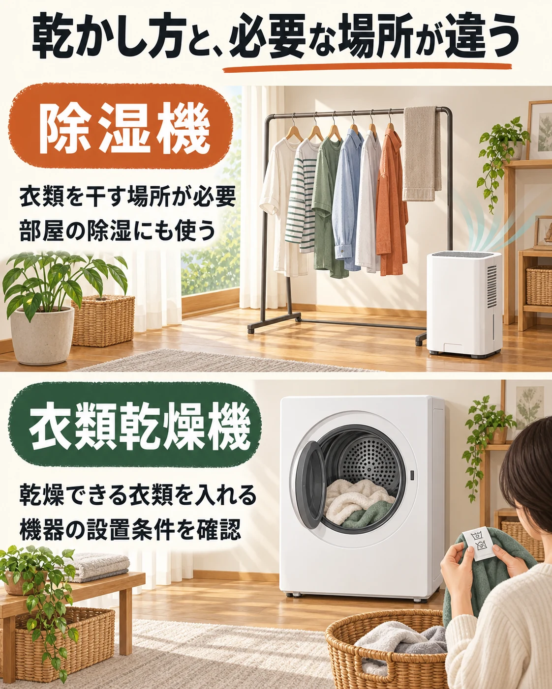 除湿機には干す空間が必要で除湿も兼ね、乾燥専用機は衣類の適合と設置条件を確認する。