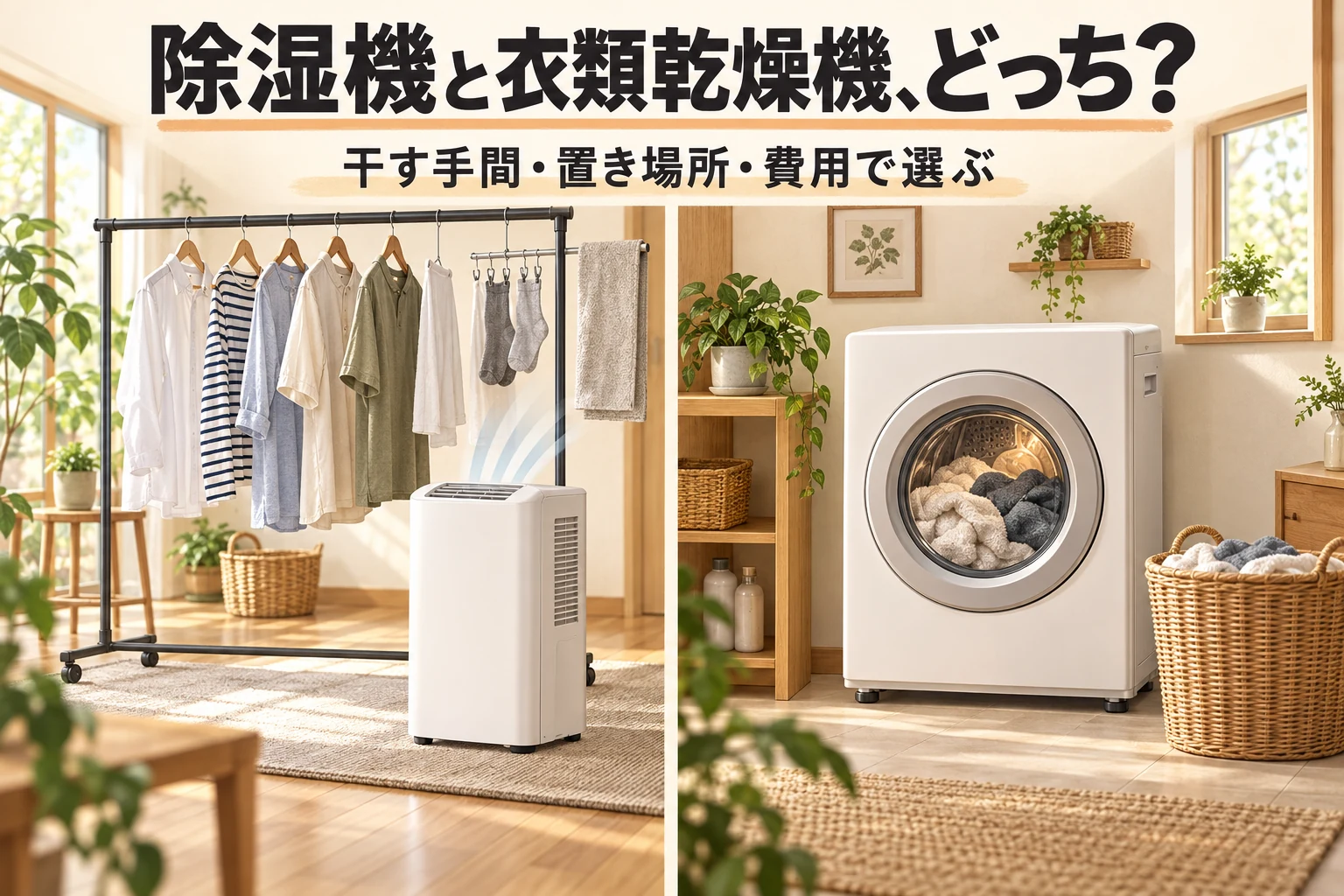 部屋干しを助ける除湿機と乾燥専用機を比べるイメージ。
