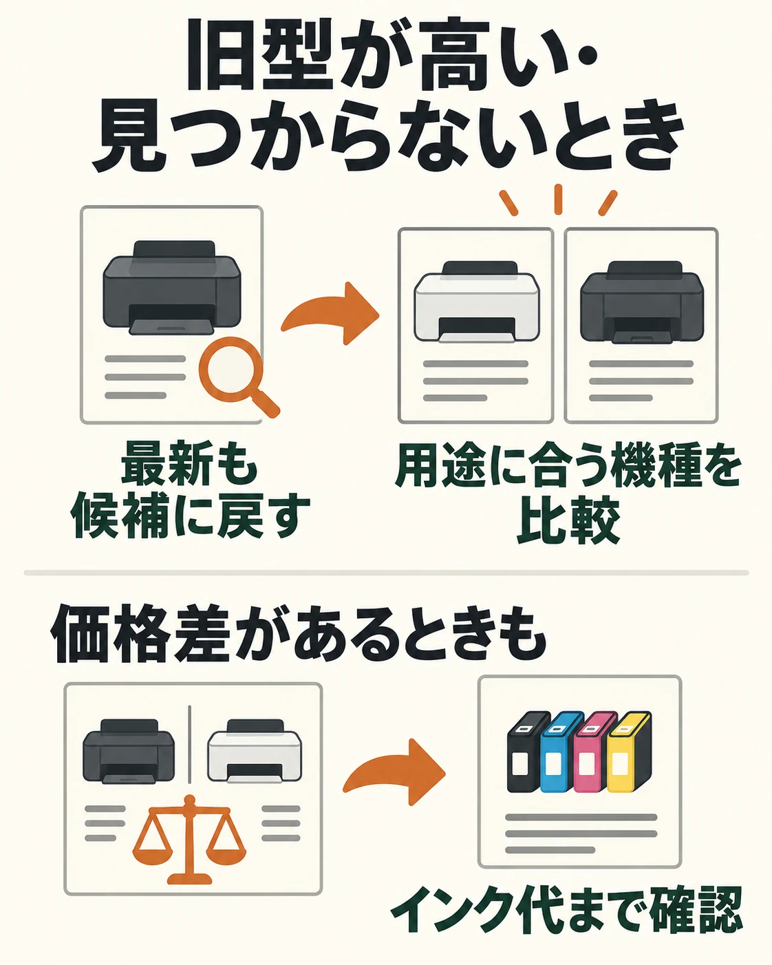旧型が高いか見つからないなら最新も候補に戻し、価格差がある場合もインク代を確認する。
