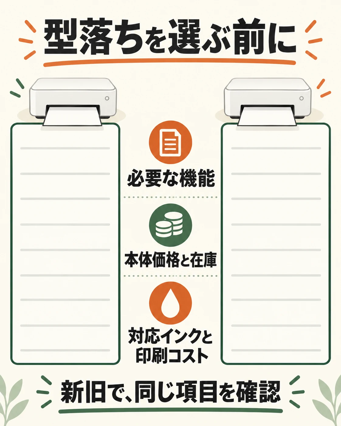 最新と型落ちで必要機能、本体価格と在庫、対応インクと印刷コストを同じ条件で確認する。