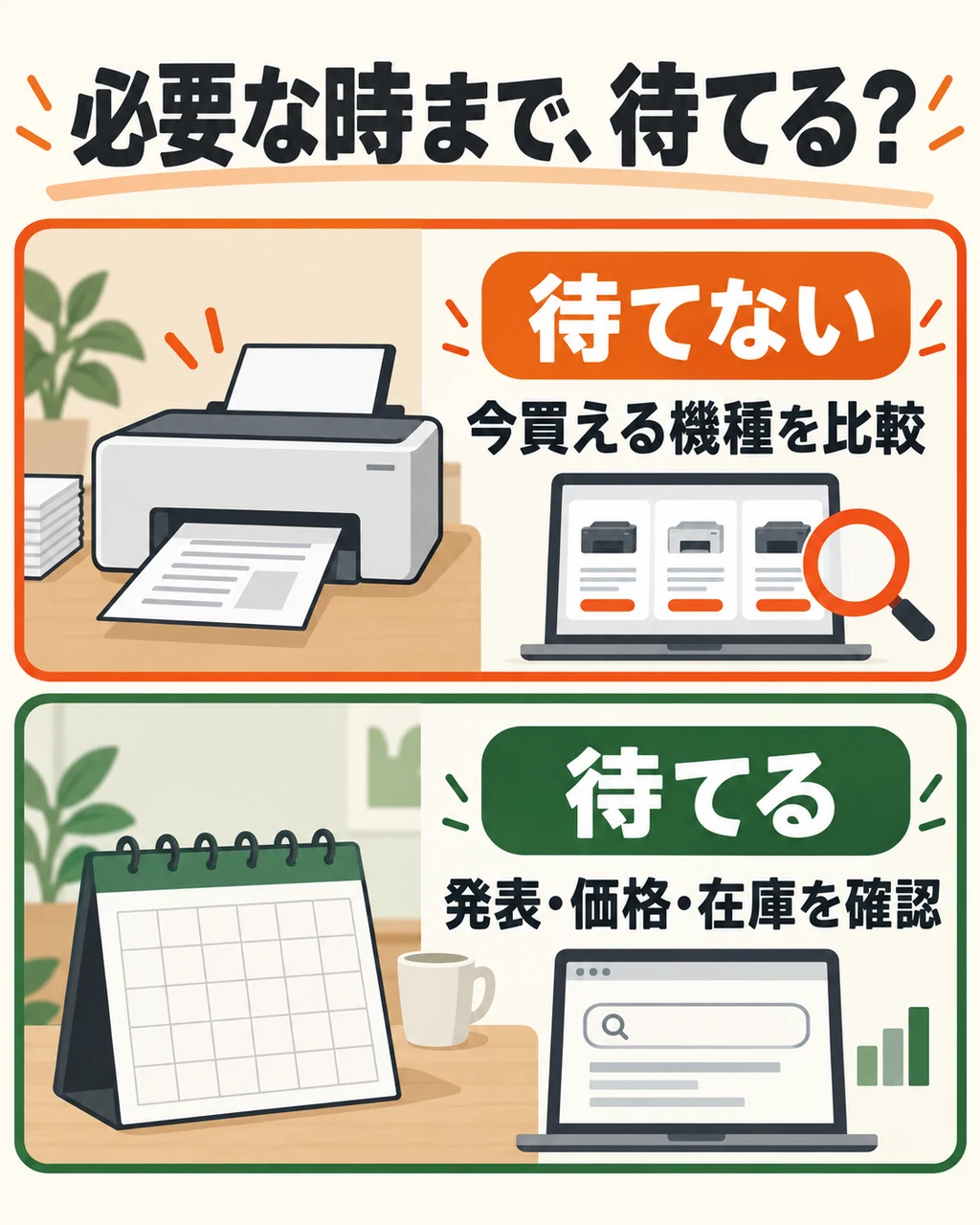 必要な時まで待てないなら今買える機種を比較。待てるなら新製品発表・価格・在庫を確認する。