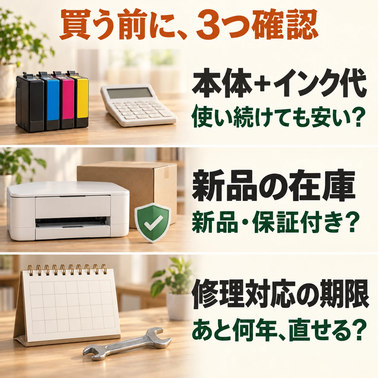 購入前に本体とインク代、新品在庫と保証、修理対応の期限を確認。