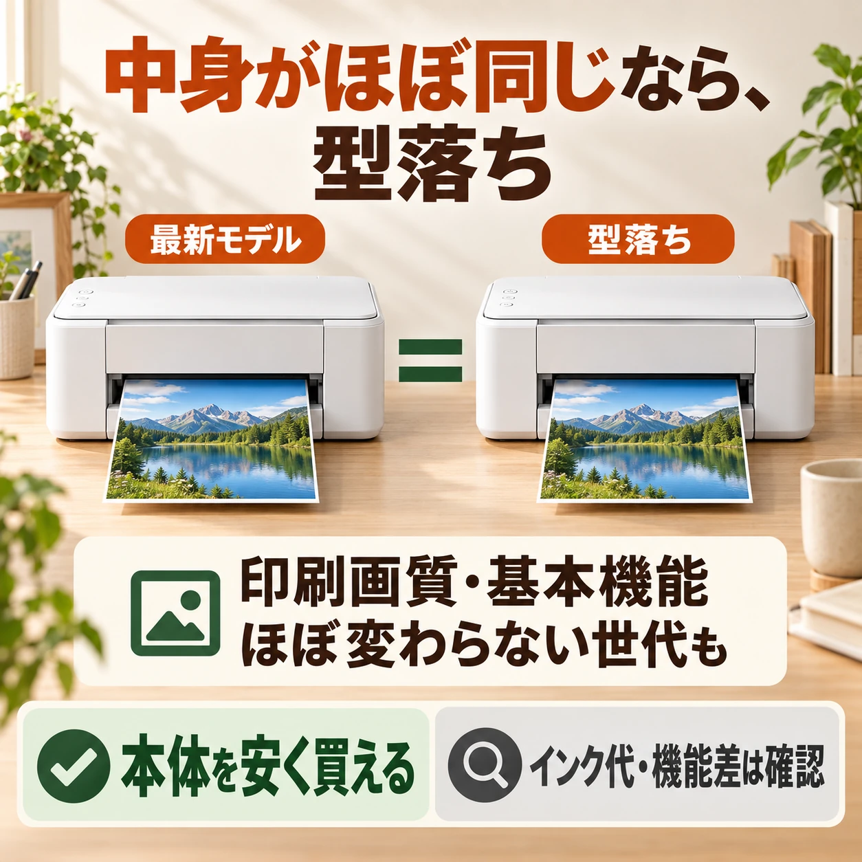 印刷画質や基本機能がほぼ変わらない世代なら型落ちが候補。本体価格に加え、インク代と機能差も確認。