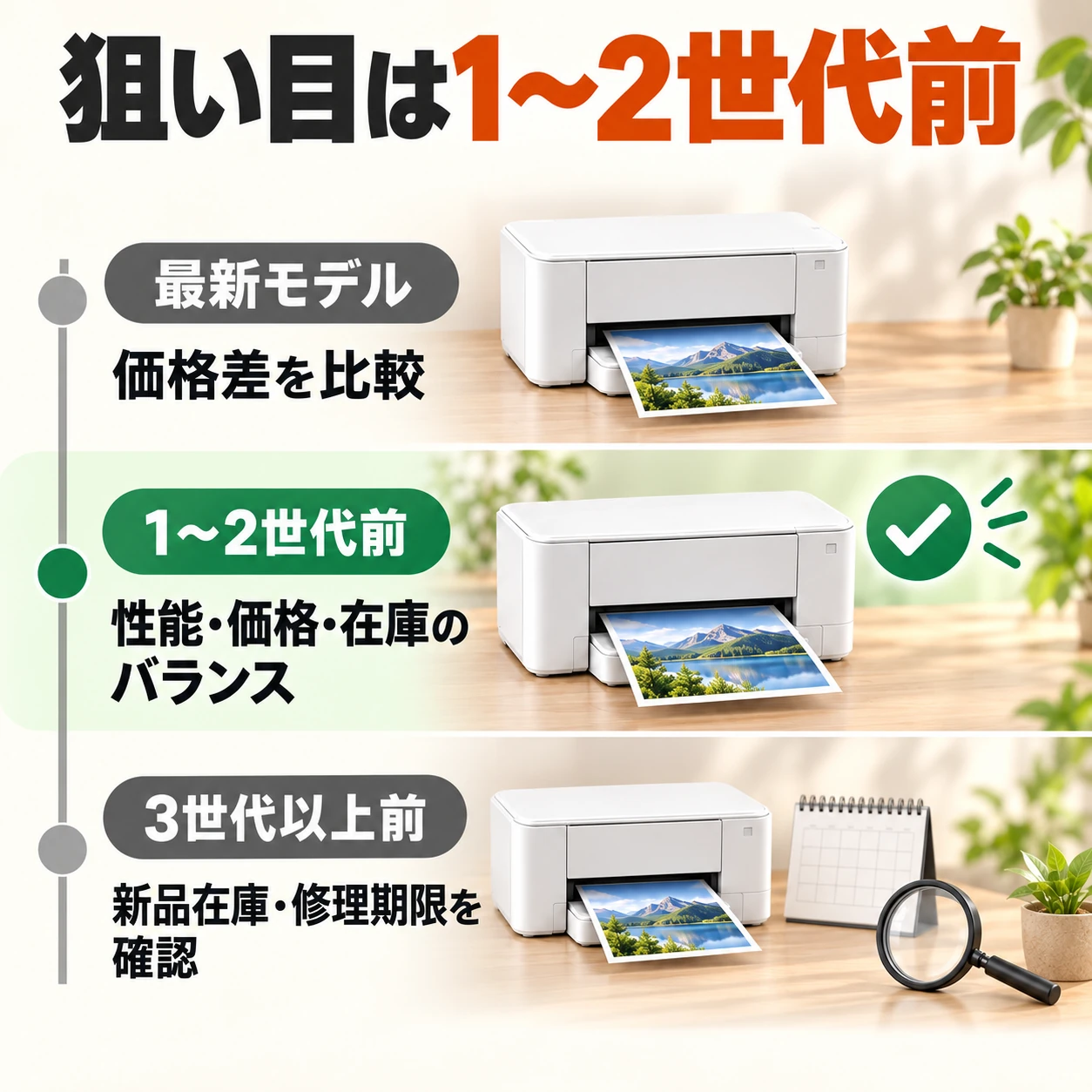 狙い目は1〜2世代前。最新モデルとは価格差を比較し、3世代以上前は新品在庫と修理期限を確認。