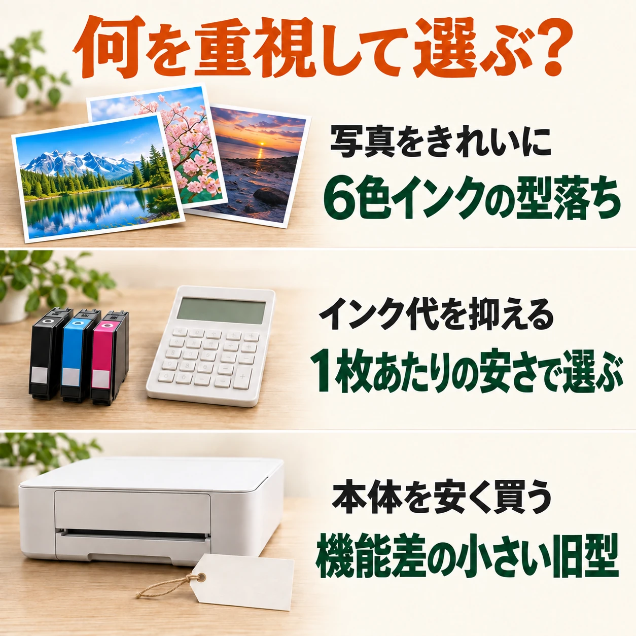 写真重視なら6色インクの型落ち、インク代重視なら1枚あたりの安さ、本体価格重視なら機能差の小さい旧型。
