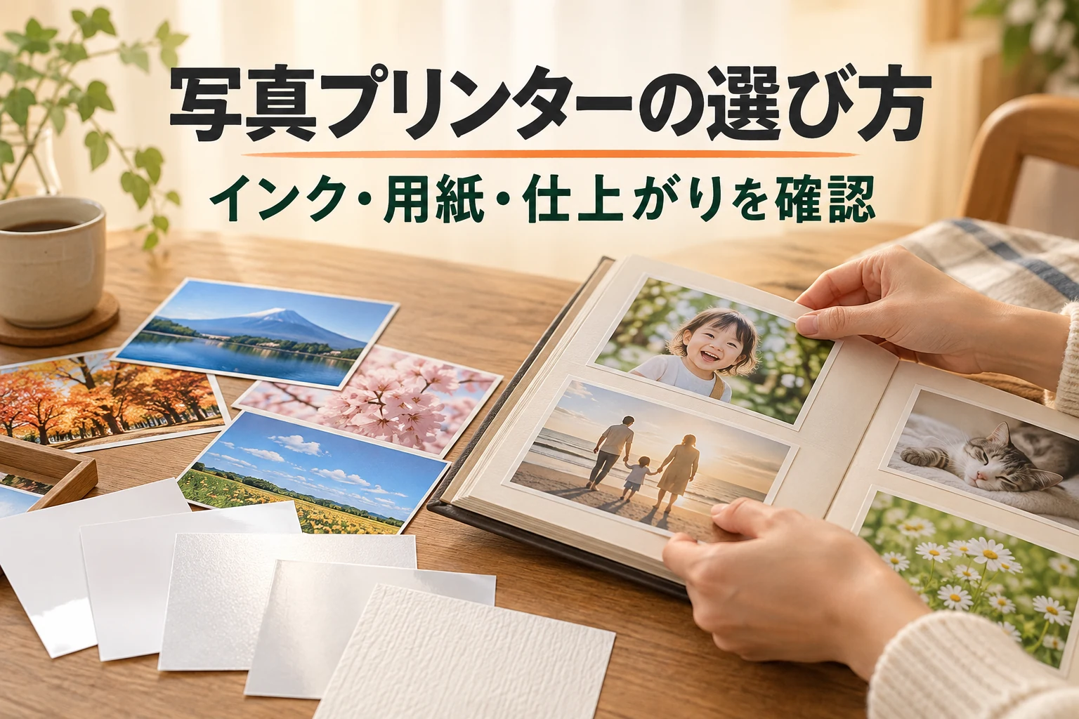 写真プリントと用紙を確認してプリンターを選ぶイメージ。