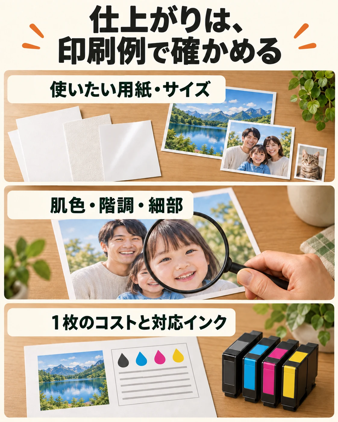 用紙とサイズ、肌色や階調の印刷例、写真コストと対応インクを確認する。